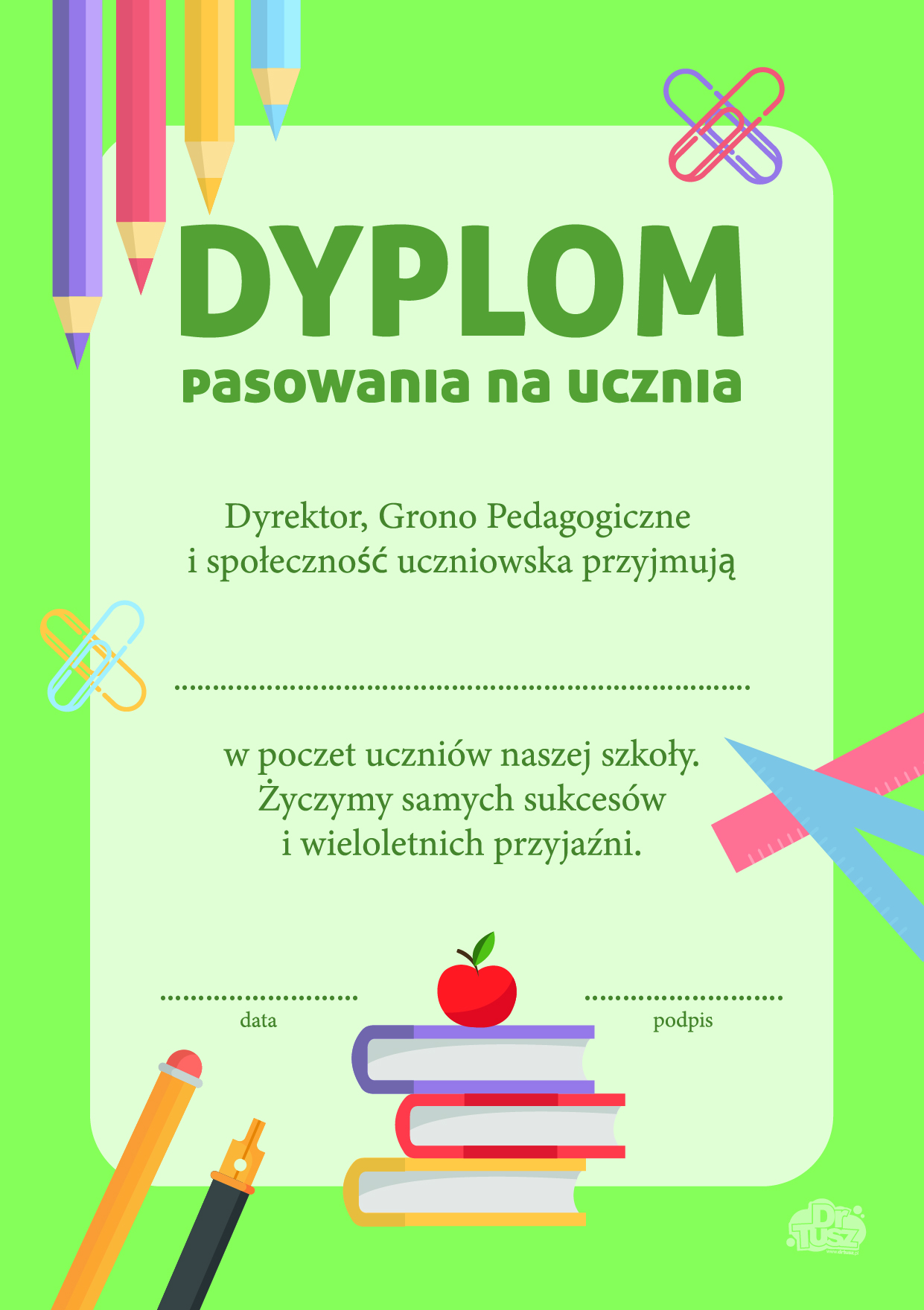 Dyplom Pasowania na Ucznia w kolorze