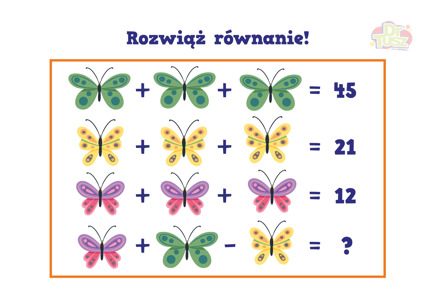 Równanie matematyczne z kolorowymi motylami do rozwiązania