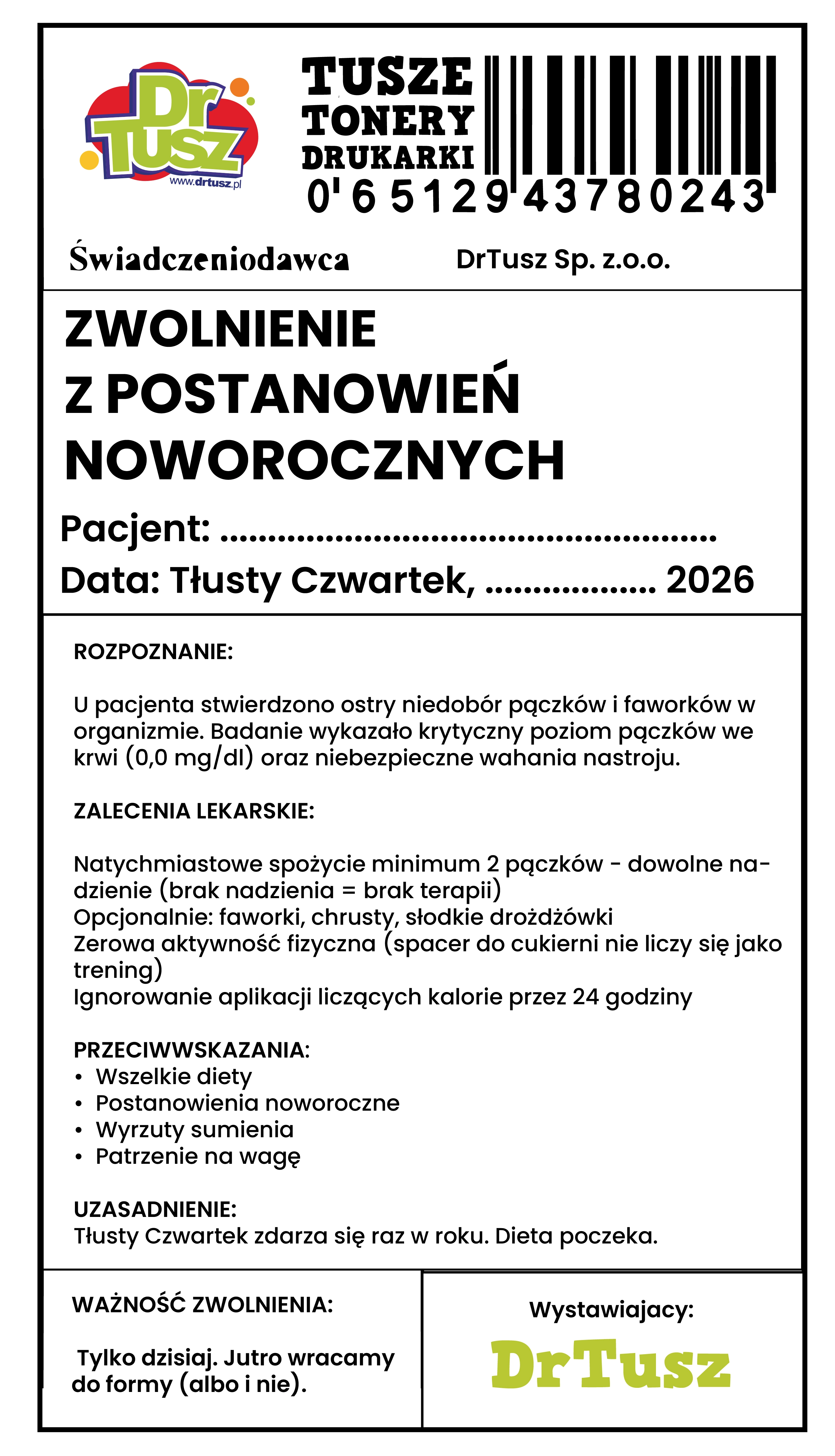 Zwolnienie na Tłusty Czwartek